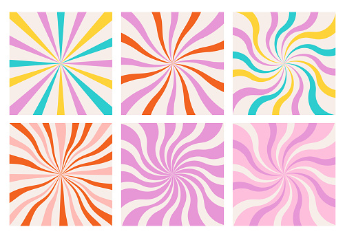 Groovy retro swirl burst, summer and carnival backgrounds. Set sunburst backgrounds in 1970s 1960s hippie style. Carnival wallpaper patterns. Psychedelic poster collection. Vector illustration.