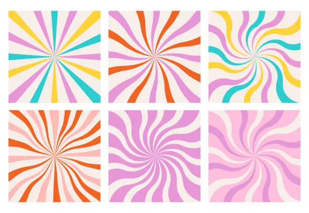 Vector illustration of Groovy retro swirl burst, summer and carnival backgrounds. Set sunburst backgrounds in 1970s 1960s hippie style. Carnival wallpaper patterns. Psychedelic poster collection. Vector illustration.