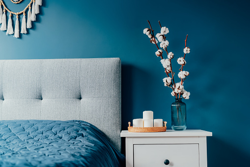 Stylish modern bedroom in dark colors. Cozy interior with navy blue walls, home decor. Bed with gray fabric headboard, blue blanket, bedside table, vase with natural cotton flowers, candles on tray