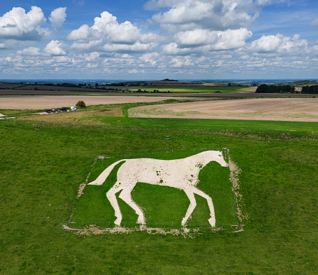 Aerial image of the chalk landmark Roundway White Horse near Devizes, Wiltshire, England, UK