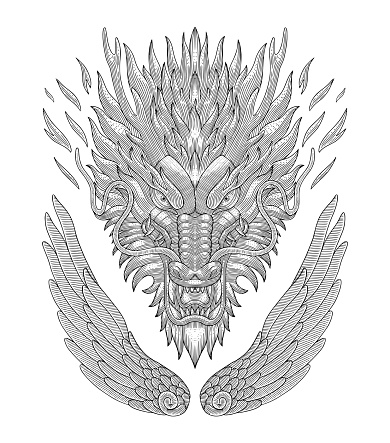 Angry dragon head with wings, vintage engraved drawing style illustration