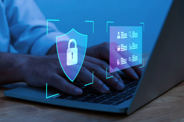 istock Login. business man working on laptop computer with virtual digital firewall diagram, digital online, cyber security, internet connection, system protect data, network security technology concept 1769520274