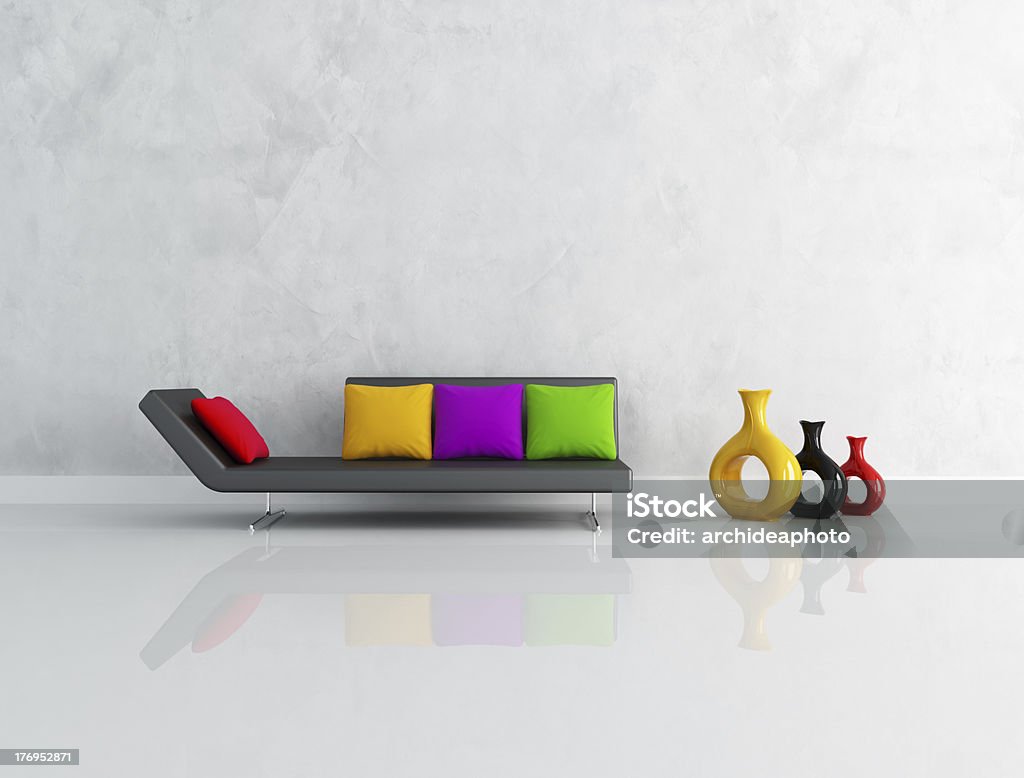 minimalist lounge modern black couch with colored cushion in front a stucco wall-rendering Apartment Stock Photo