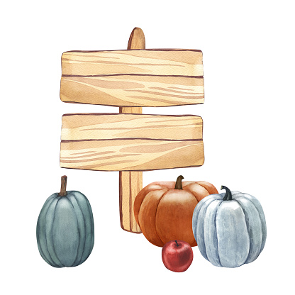 Watercolor the wooden street signs guidepost with realistic pumpkin. Hand-drawn illustration isolated on white background. Perfect for menu cafe, template food, cooking, packing, card thanksgiving