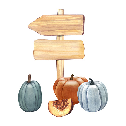 Watercolor the wooden street signs guidepost with realistic pumpkin. Hand-drawn illustration isolated on white background. Perfect for menu cafe, template food, cooking, packing, card thanksgiving