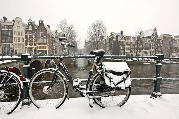 Snowy bikes in the citycenter from Amsterdam Netherlands