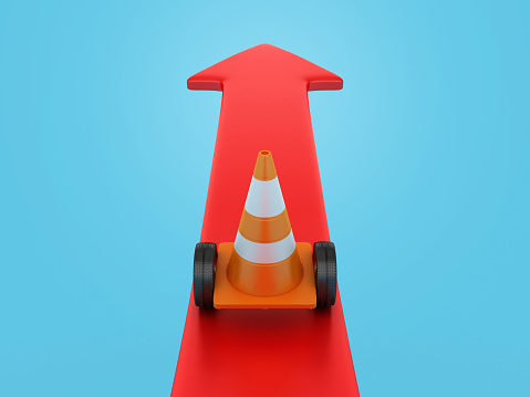 Traffic Cone with Wheels on Arrow - Color Background - 3D rendering