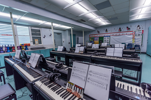 Music classroom of a school waiting for its students.