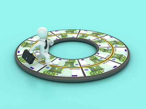 Circular 3D Road with Euro Bank Notes and Business Character - Color Background - 3D Rendering