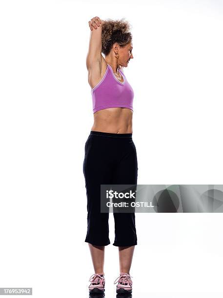 Matura Donna Allenamento Fitness Postura Corretta Rotazione Stretching - Fotografie stock e altre immagini di Abbigliamento sportivo