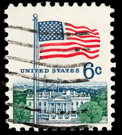 Image stamp of USA flag and US Supreme Court Building with black background.