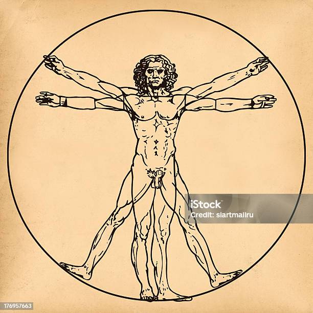 Vitruvian Man On Old Paper Background Stock Photo - Download Image Now - Leonardo Da Vinci, Renaissance, Men