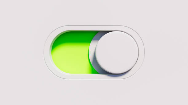 Round switch that with green color indicates on or active, technology and activation theme Round switch that with green color indicates on or active, technology and activation theme, 3d illustration, horizontal image start button stock pictures, royalty-free photos & images