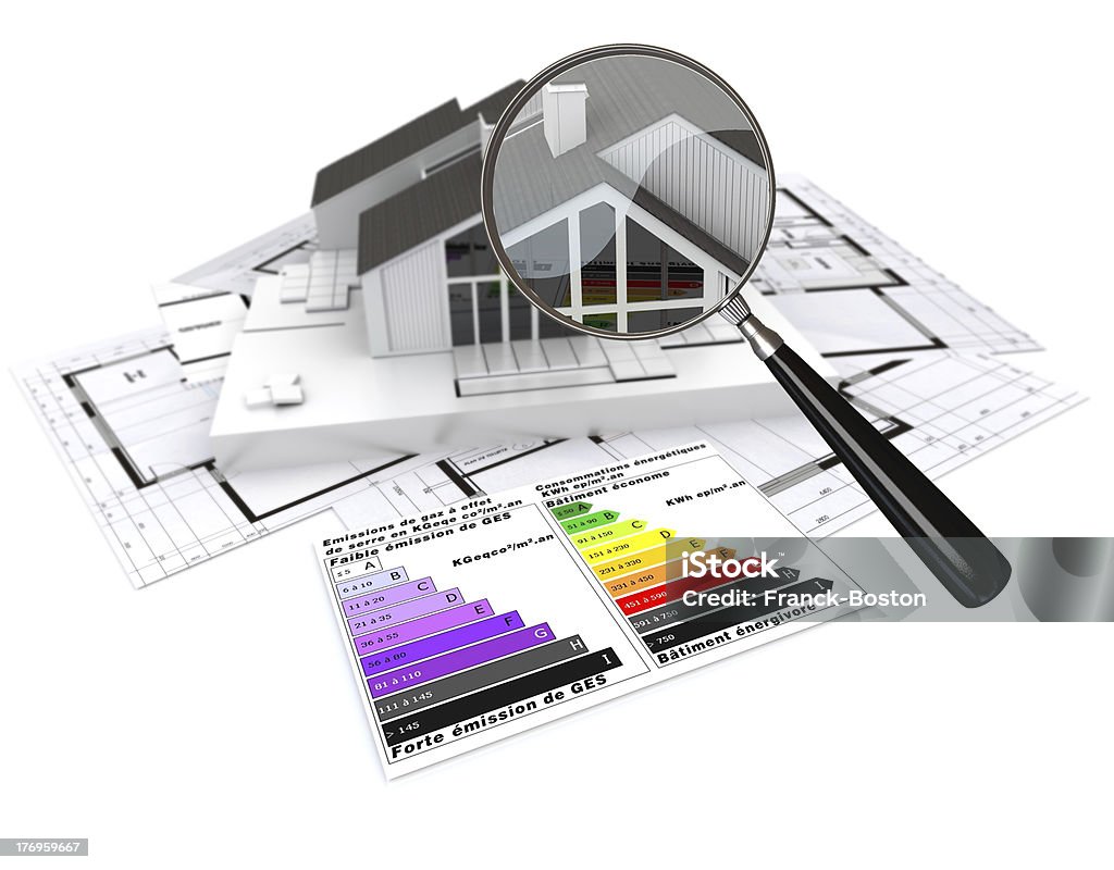 Energy efficiency construction evaluation "3D rendering of a house, on top of blueprints, with and energy efficiency rating chart and a magnifying glass" House Stock Photo