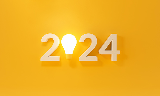 Bulb light with new year 2024 on yellow background. 3D illustration.