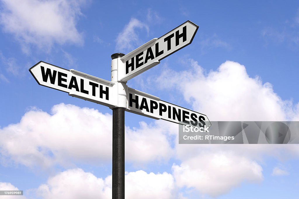 Health Wealth Happiness signpost "Black and white signpost with the words Health, Wealth and Happiness against a blue cloudy sky." Wealth Stock Photo