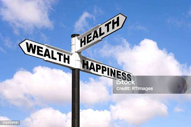 Health Wealth Happiness Signpost Stock Photo - Download Image Now - Wealth, Happiness, Black Color