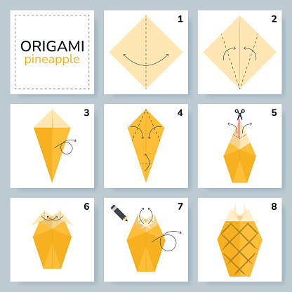 Pineapple origami scheme tutorial moving model. Origami for kids. Step by step how to make a cute origami fruit. Vector illustration.