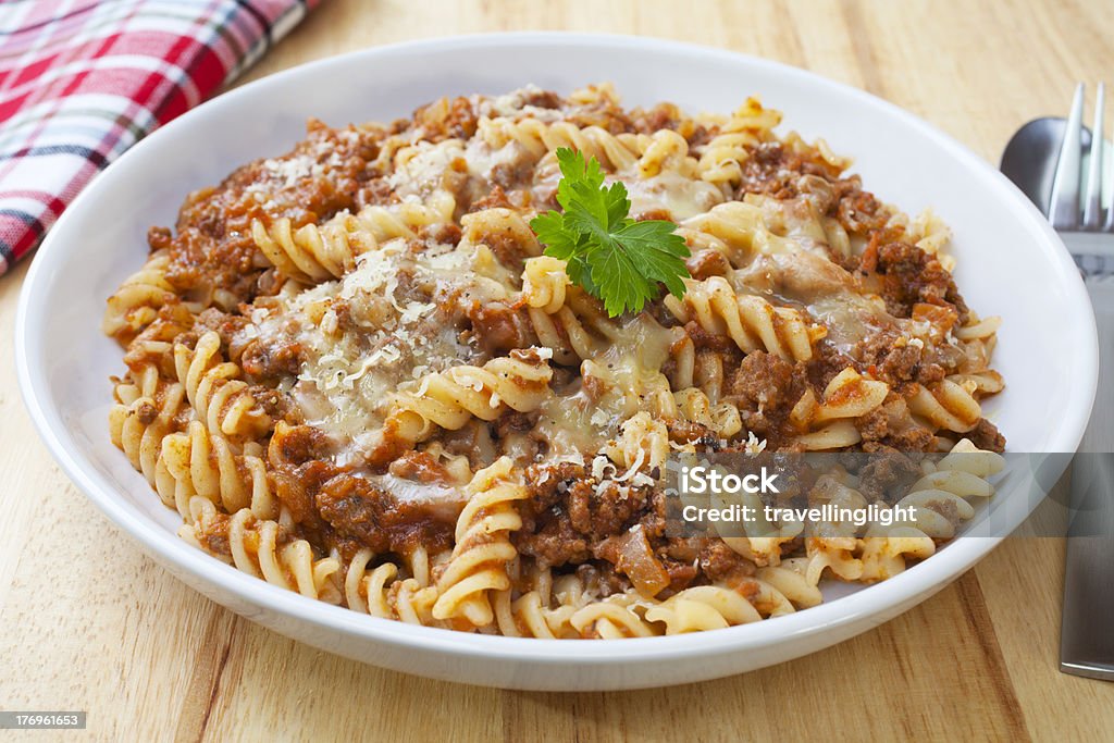 Pasta Bake with Bolognese Sauce "Fusili pasta baked with bolognese sauce, mozzarella and parmesan. For MORE pasta images, please click" Noodle Casserole Stock Photo