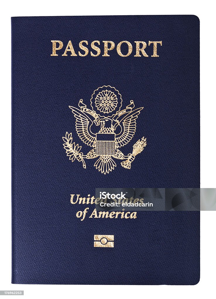 Isolated American Passport "A USA passport Isolated on white background. This is the new version of the passport, with the biometric chip (the old version of the passport is featured in some of the following photos)." Passport Stock Photo
