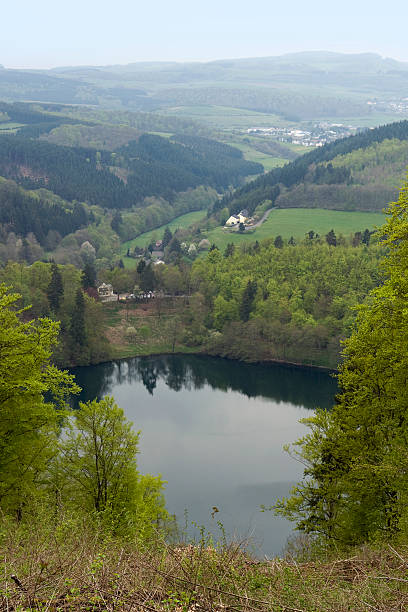 maar di vulkan eifel - lake volcano volcanic crater riverbank foto e immagini stock