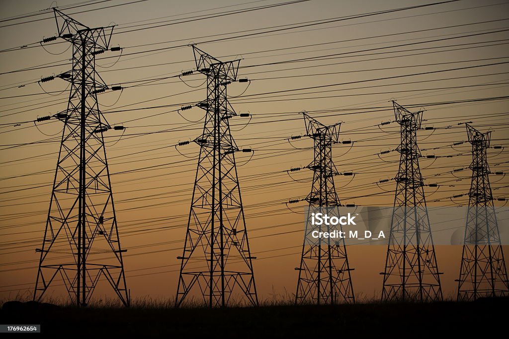 Electricity Electrical power lines at dusk  (Canon EOS 5D, EF70-200mm f/2.8L IS USM) Beauty In Nature Stock Photo