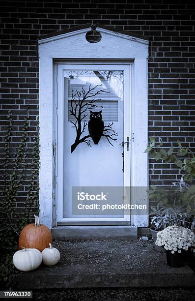 Front Door Decorated For Halloween Stock Photo - Download Image Now - Door, Halloween, Night