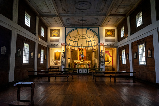 Louisbourg, Nova Scotia, Canada - July 22, 2018: Interior of the Fortress of Louisbourg Chapel at the Fortress of Louisbourg National Historic Site of Canada