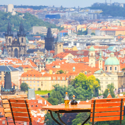 City landscape - top view from the cafe on the Old Town of Prague on a hot summer day, the Czech Republic