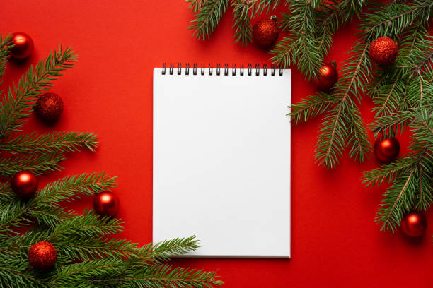 istock Christmas red background with spruce branch in the upper right corner, copy space 1769647244