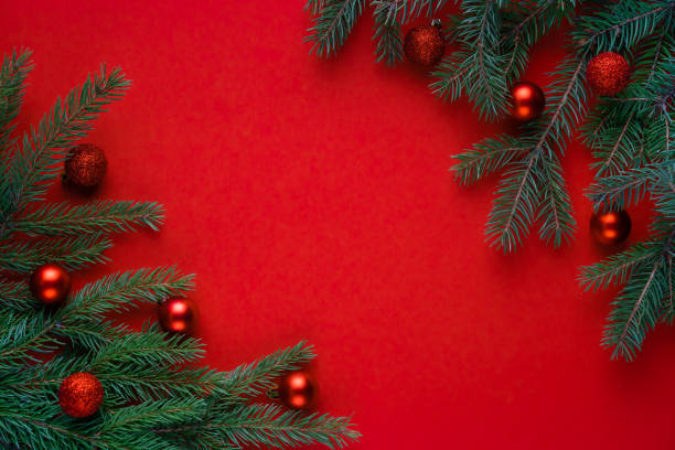 istock Christmas red background with fir branches, a place to copy 1769647747