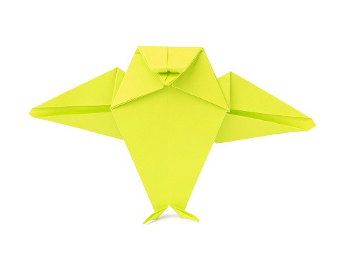 Origami art. Handmade green paper bird on white background