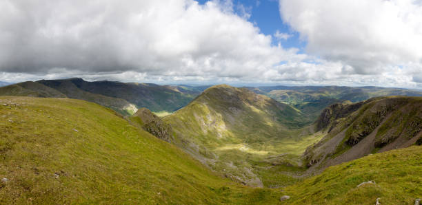 Deepdale, Fairfield Horseshoe Panoramic view of the Deepdale, Fairfeild Horseshoe, from the summit of Fairfield striding edge stock pictures, royalty-free photos & images