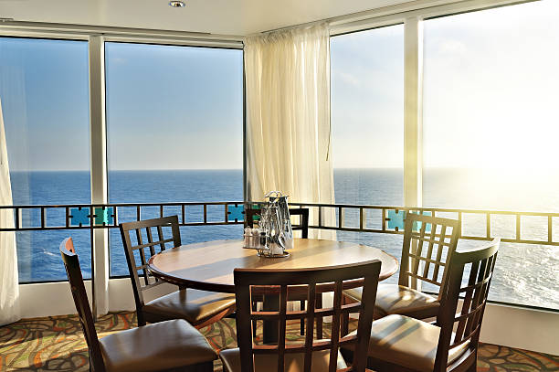 istock dinner lounge interior on cruise ship - with panorama sea-view 176966397
