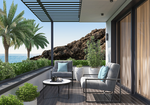 Modern villa interior exterior balcony with garden. Architecture concept for Real estate. Ocean view.