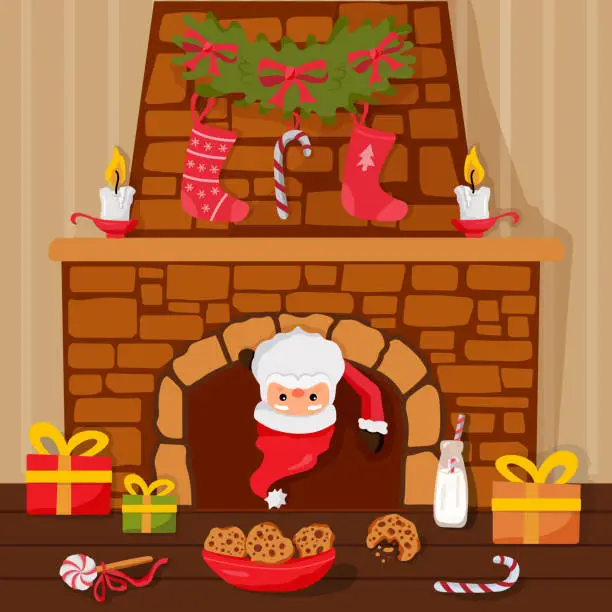 Vector illustration of Santa Claus stuck in the chimney. Merry Christmas and Happy New Year card. Vector illustration.