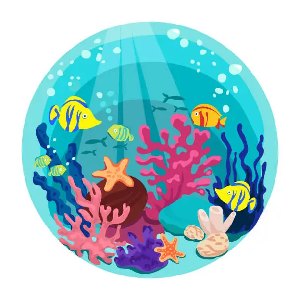 Vector illustration of Underwater ocean life round vector illustration.