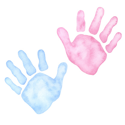 Little blue pink palm, handprint. Baby shower, gender reveal party, design invitation. Boy or girl. Hand drawn watercolor illustration isolated background. For family surprise party feast.