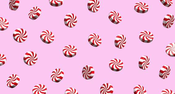 3D swirl peppermint candy. Striped sugar candy. Winter holiday, dessert, new years event. 3D rendering