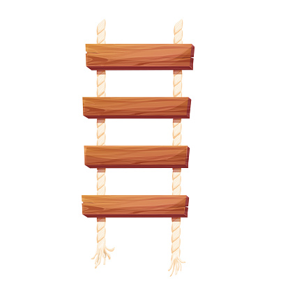 Set Wooden ladder with rope, planks hanging, staircase in cartoon style isolated on white background, Bridge, game road. Vector illustration