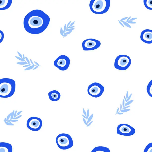 Vector illustration of Turkish evil eye amulet seamless pattern. Blue Nazar talisman amulet with floral leaves repeat background. Vector lucky symbol print.