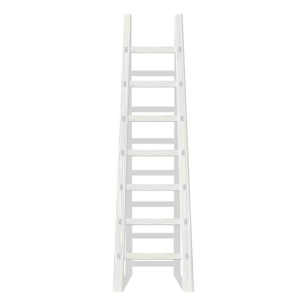 istock White wooden ladder. Wood cartoon stepladder vertical stand near wall with shadow 1769736254