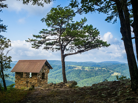 Nestled within the picturesque Cranny Crow Overlook in Lost River State Park, West Virginia, a charming small hut stands beside a resilient pine tree. Against the stunning backdrop of the rolling landscape, this rustic scene encapsulates the tranquility and natural allure of the Appalachian wilderness.