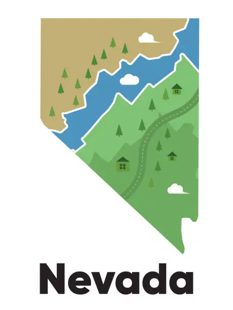 Vector illustration of Nevada map shape United states America green forest hand drawn cartoon style with trees travel terrain