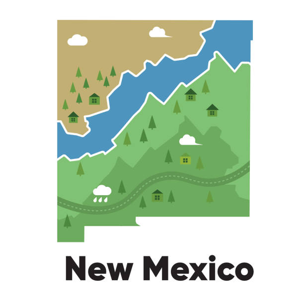 New mexico map shape United states America green forest hand drawn cartoon style with trees travel terrain New mexico map shape United states America green forest hand drawn cartoon style with trees travel terrain vector new mexico landscape stock illustrations