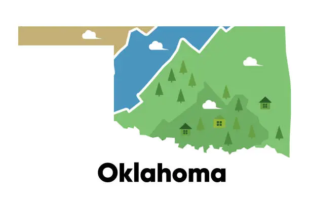 Vector illustration of Oklahoma map shape United states America green forest hand drawn cartoon style with trees travel terrain