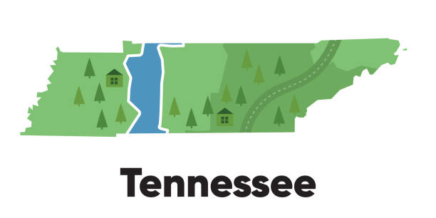 Tennessee map shape of states cartoon style with forest tree and river landscape graphic illustration Tennessee map shape of states cartoon style with forest tree and river landscape graphic illustration vector tennessee map stock illustrations