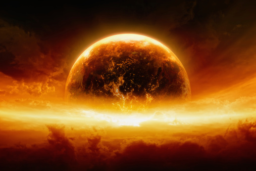 Abstract apocalyptic background - burning and exploding planet Earth in red sky, hell, end of world. Elements of this image furnished by NASA