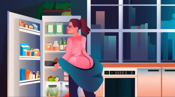Vector illustration of pregnant woman standing near refrigerator nutrition diet during pregnancy motherhood expectation concept modern kitchen interior