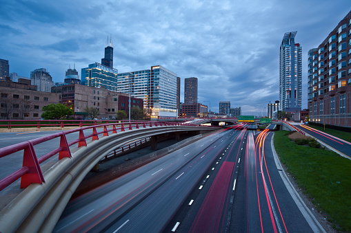 Image of interstate I-90/94 in Chicago downtown during the twilight.
